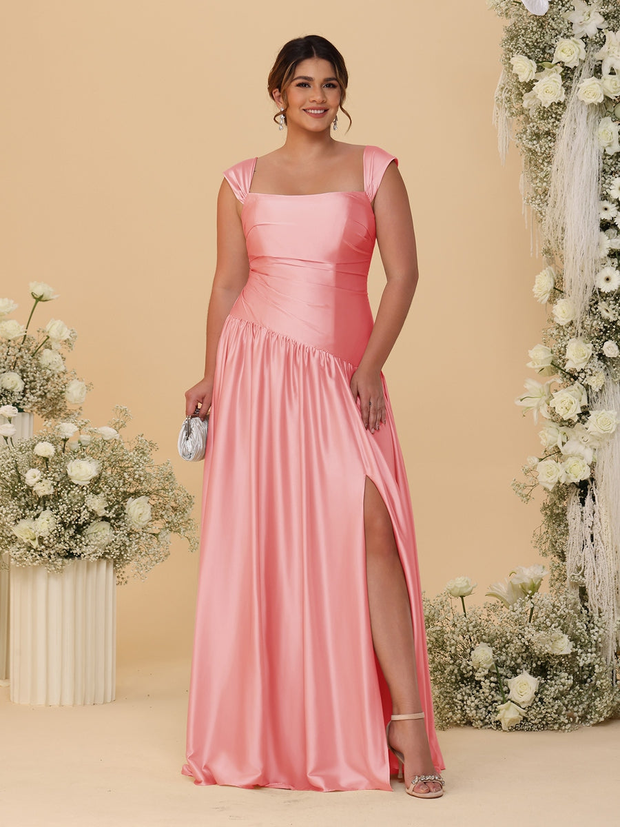 A-Line/Princess Off-the-Shoulder Plus Size Bridesmaid Dresses With Side Slit & Pleats