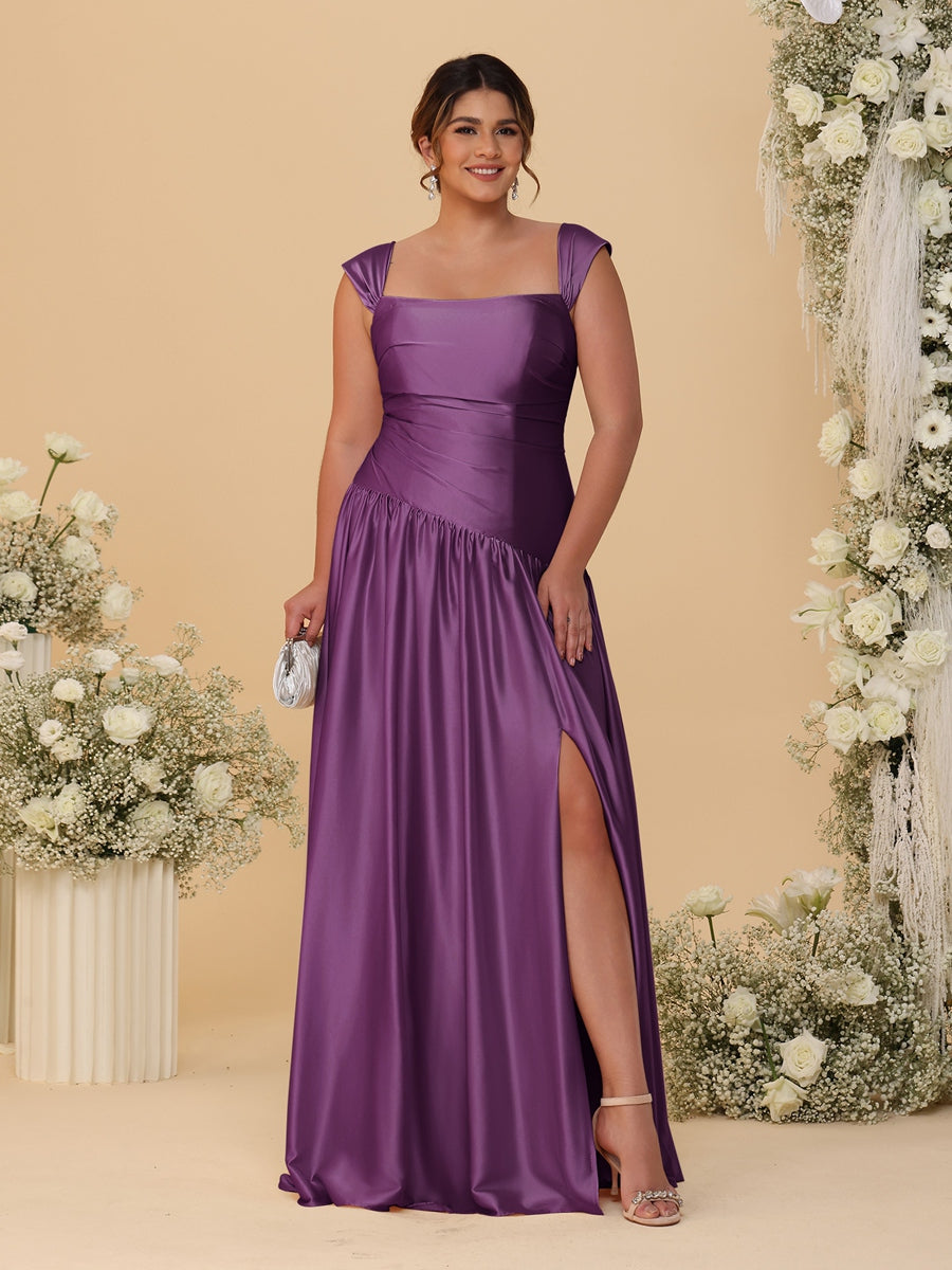 A-Line/Princess Off-the-Shoulder Plus Size Bridesmaid Dresses With Side Slit & Pleats