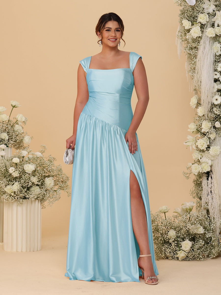A-Line/Princess Off-the-Shoulder Plus Size Bridesmaid Dresses With Side Slit & Pleats