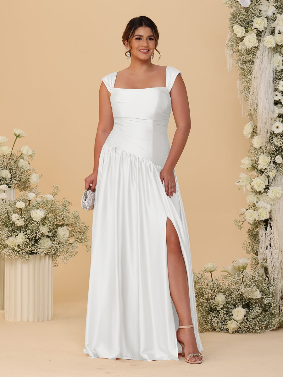 A-Line/Princess Off-the-Shoulder Plus Size Bridesmaid Dresses With Side Slit & Pleats