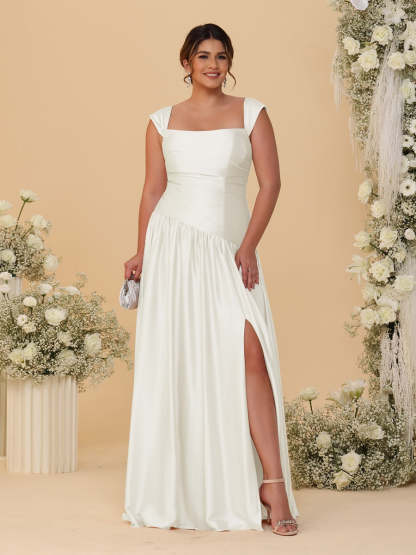 A-Line/Princess Off-the-Shoulder Plus Size Bridesmaid Dresses With Side Slit & Pleats