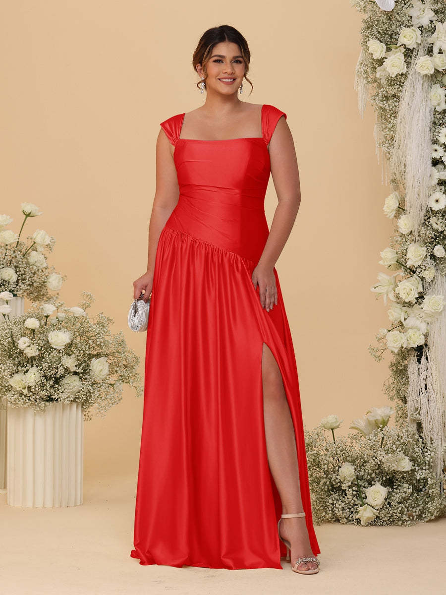 A-Line/Princess Off-the-Shoulder Plus Size Bridesmaid Dresses With Side Slit & Pleats
