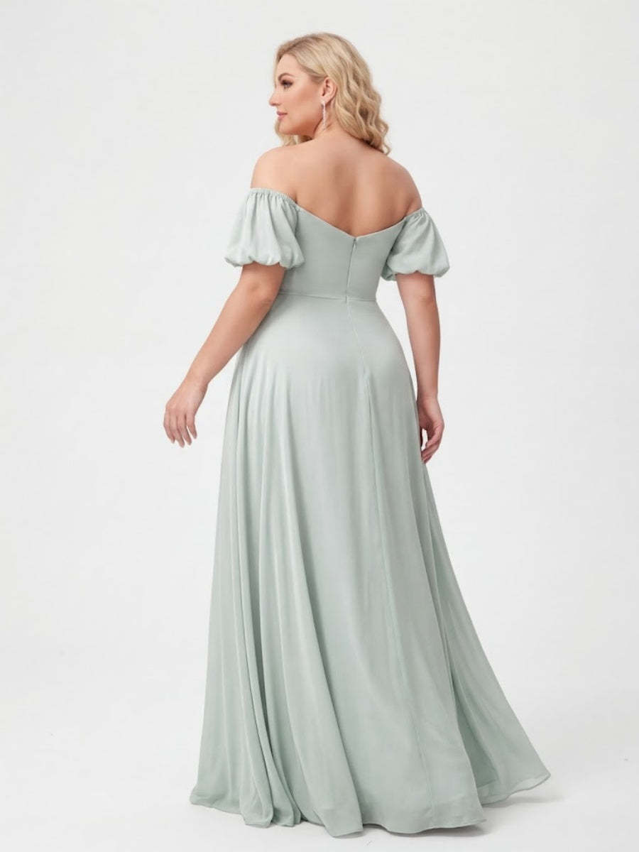 A-Line/Princess Off-the-Shoulder Puff Sleeves Plus Size Bridesmaid Dresses with Ruched