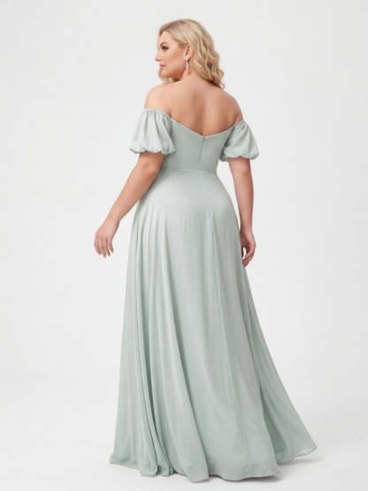 A-Line/Princess Off-the-Shoulder Puff Sleeves Plus Size Bridesmaid Dresses with Ruched