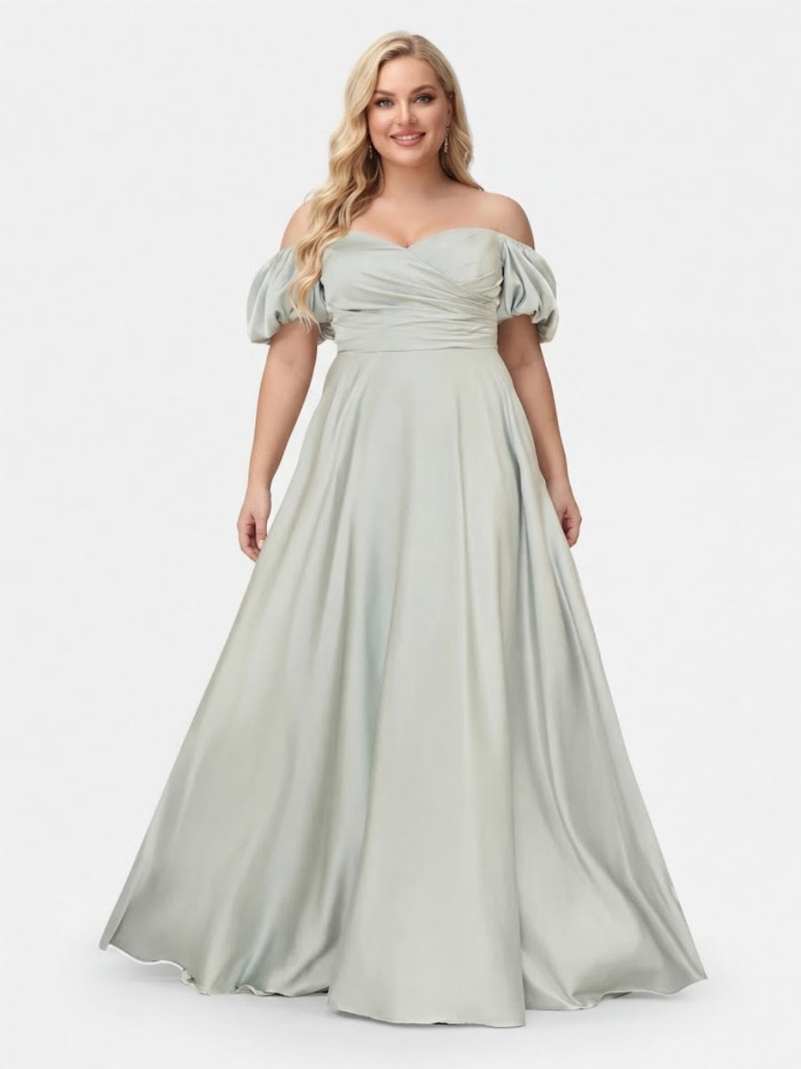 A-Line/Princess Off-the-Shoulder Puff Sleeves Plus Size Bridesmaid Dresses with Ruched