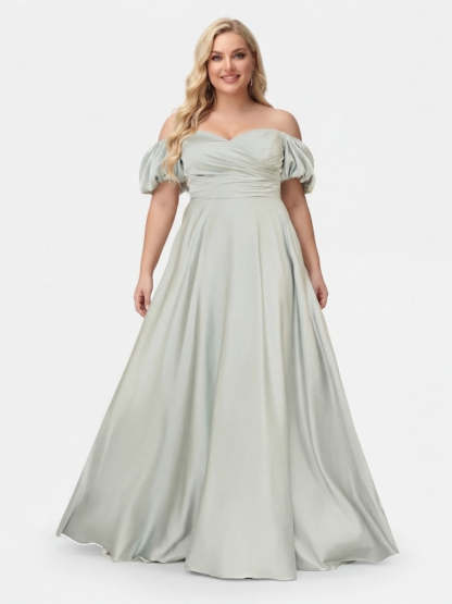 A-Line/Princess Off-the-Shoulder Puff Sleeves Plus Size Bridesmaid Dresses with Ruched