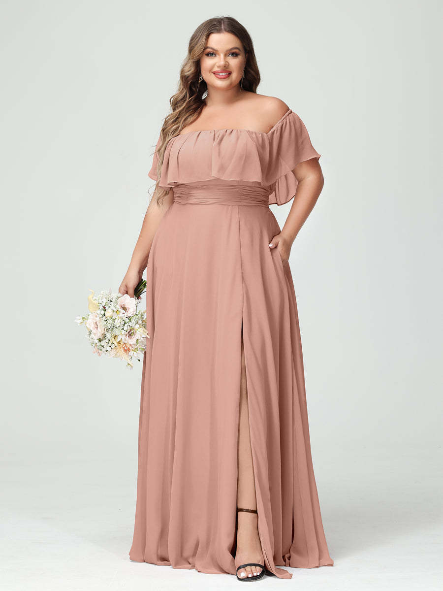 A-Line/Princess Off-the-Shoulder Short Sleeves Chiffon Split Side Plus Size Bridesmaid Dresses with Pockets
