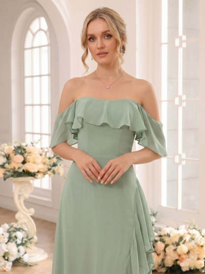 A-Line/Princess Off-the-Shoulder Sleeveless Floor-Length Bridesmaid Dresses with Ruffles & Split Side