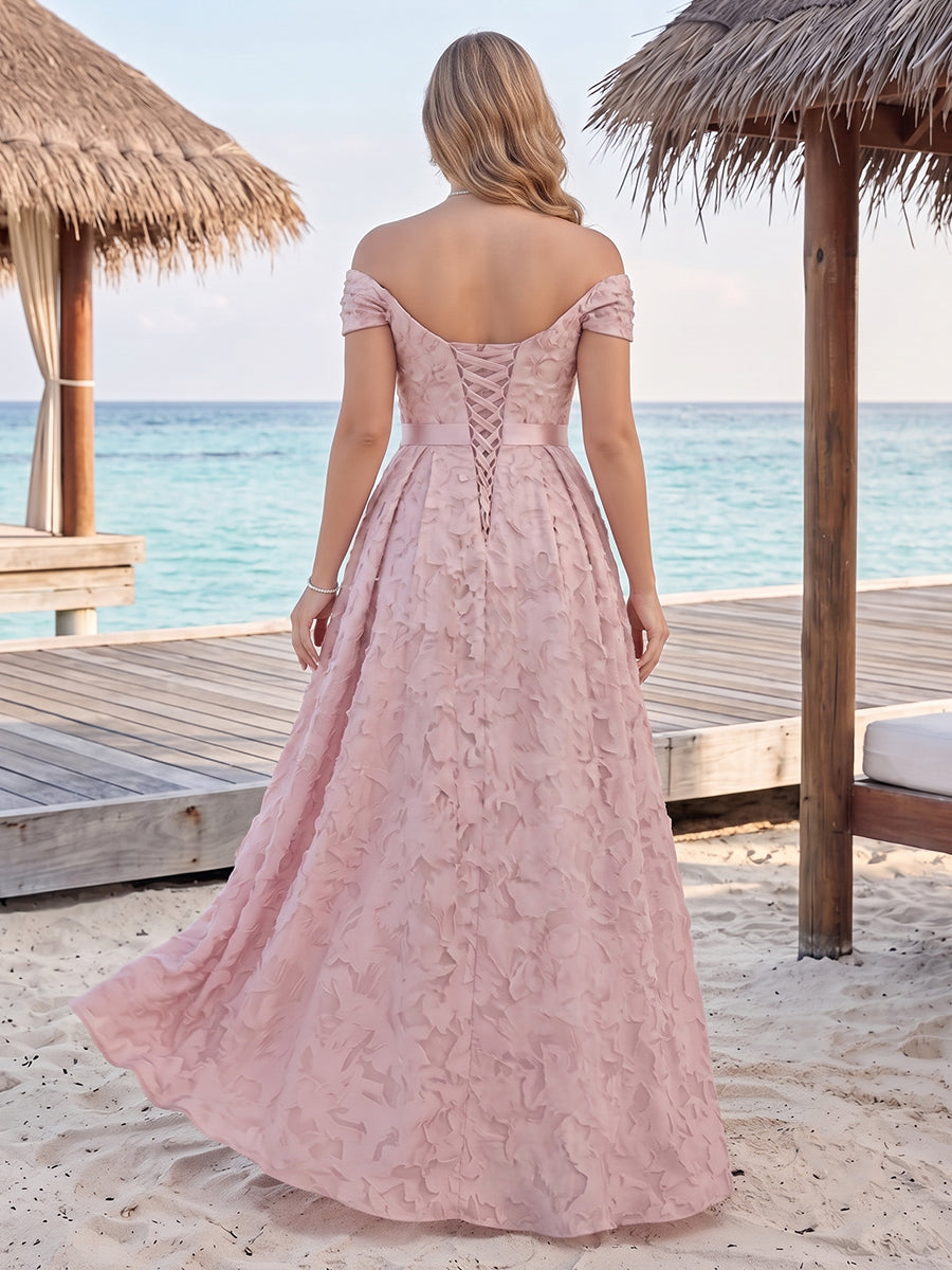 A-Line/Princess Off-the-Shoulder Sleeveless Floor-Length Plus Size Bridesmaid Dresses With Split Side & Belt