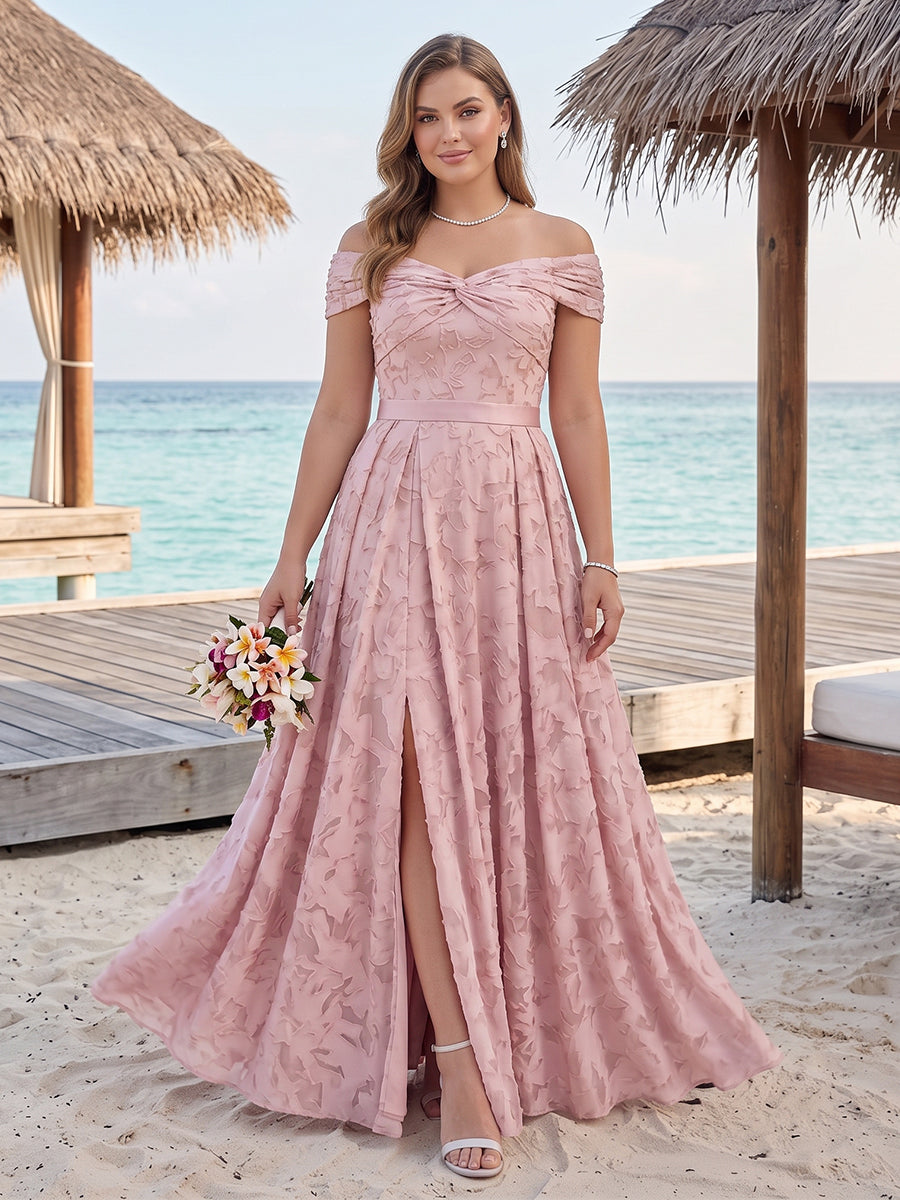 A-Line/Princess Off-the-Shoulder Sleeveless Floor-Length Plus Size Bridesmaid Dresses With Split Side & Belt