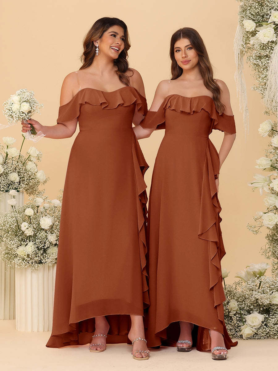 A-Line/Princess Off-the-Shoulder Spaghetti Straps Sleeveless Bridesmaid Dresses with Ruffles