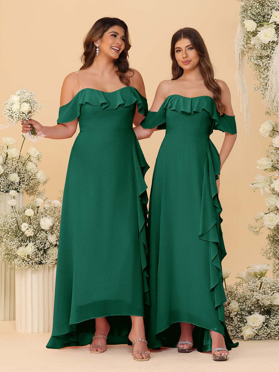 A-Line/Princess Off-the-Shoulder Spaghetti Straps Sleeveless Bridesmaid Dresses with Ruffles