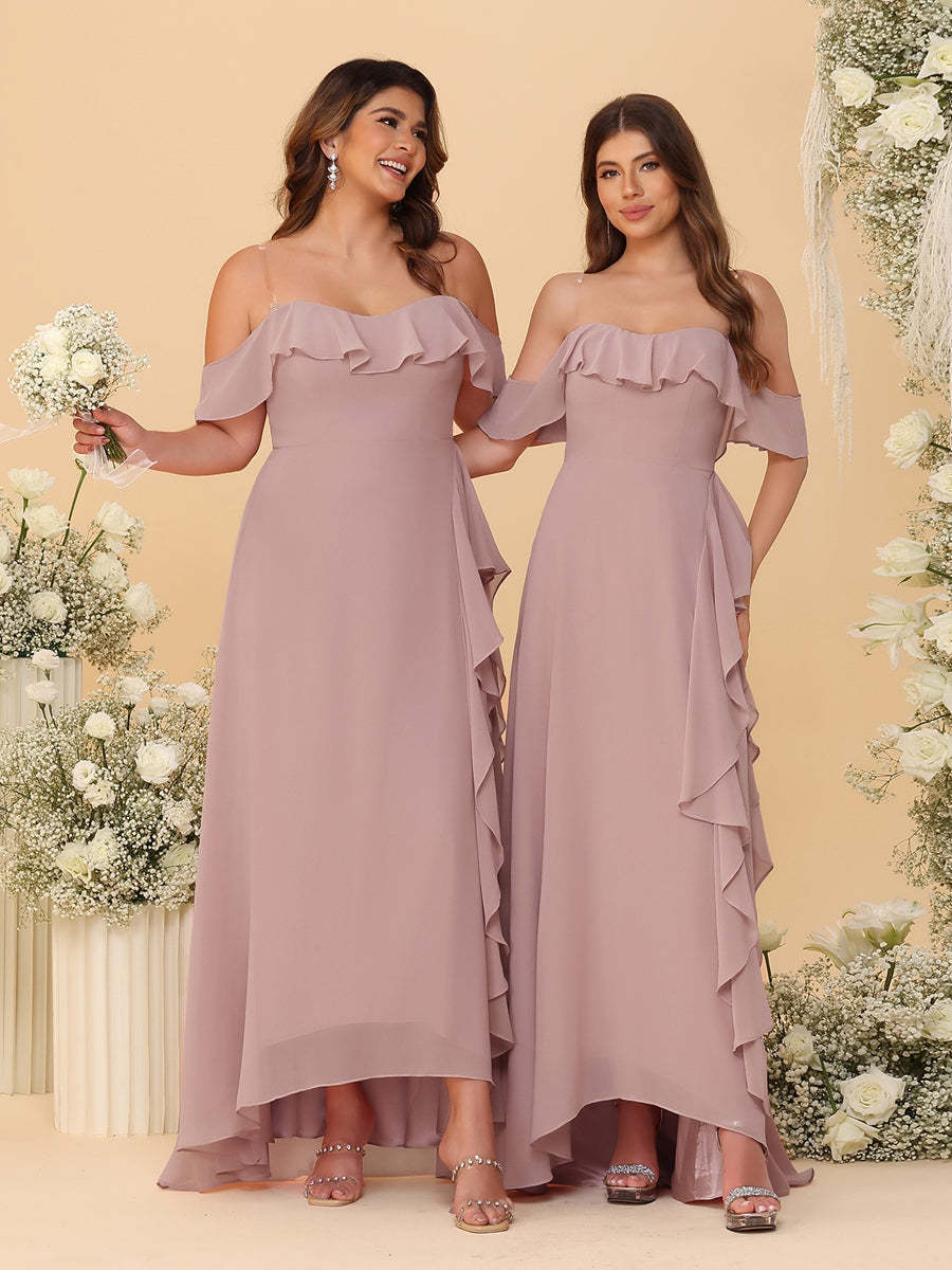 A-Line/Princess Off-the-Shoulder Spaghetti Straps Sleeveless Bridesmaid Dresses with Ruffles