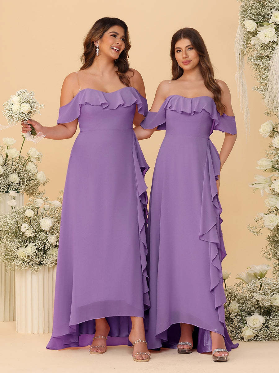 A-Line/Princess Off-the-Shoulder Spaghetti Straps Sleeveless Bridesmaid Dresses with Ruffles