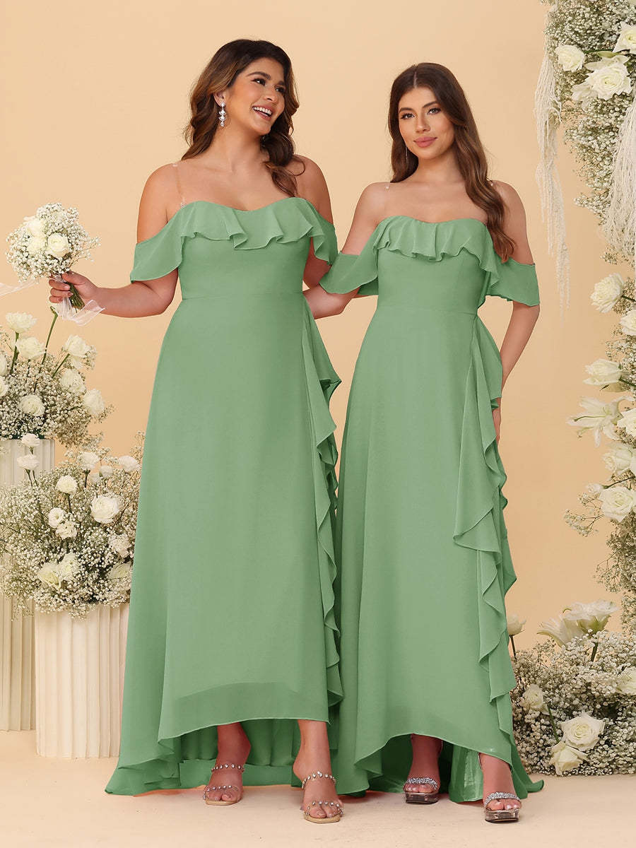 A-Line/Princess Off-the-Shoulder Spaghetti Straps Sleeveless Bridesmaid Dresses with Ruffles