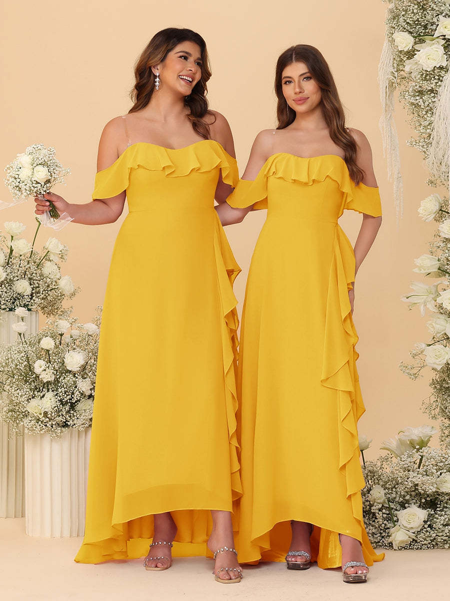 A-Line/Princess Off-the-Shoulder Spaghetti Straps Sleeveless Bridesmaid Dresses with Ruffles