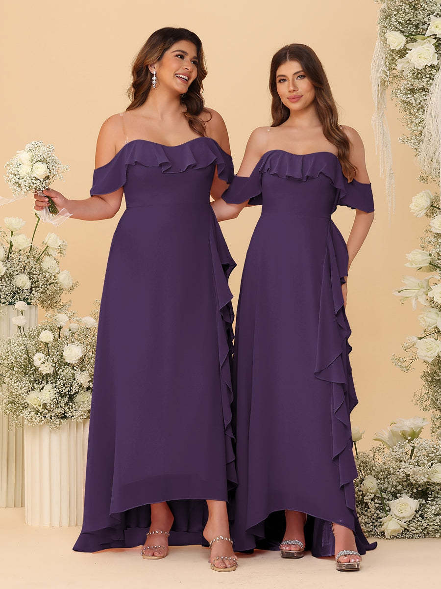 A-Line/Princess Off-the-Shoulder Spaghetti Straps Sleeveless Bridesmaid Dresses with Ruffles