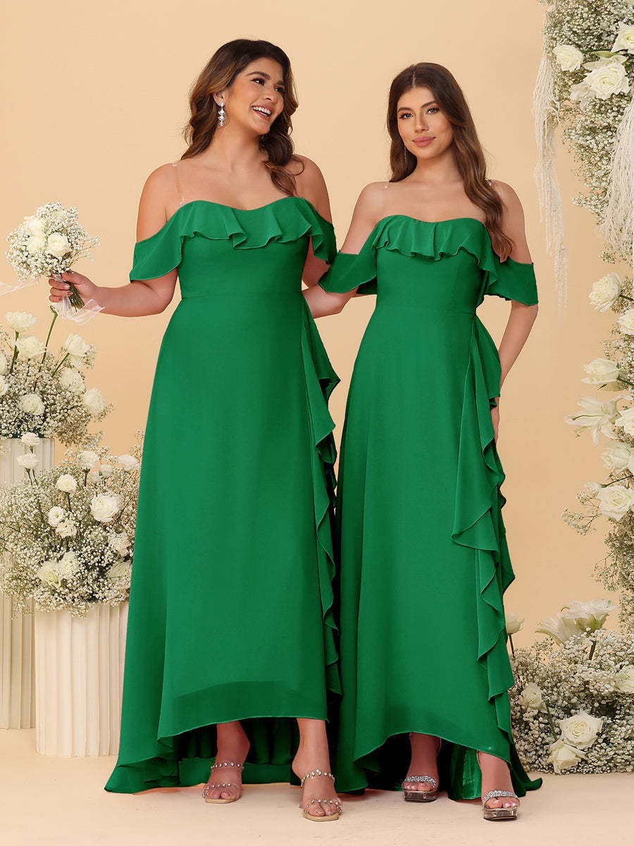 A-Line/Princess Off-the-Shoulder Spaghetti Straps Sleeveless Bridesmaid Dresses with Ruffles