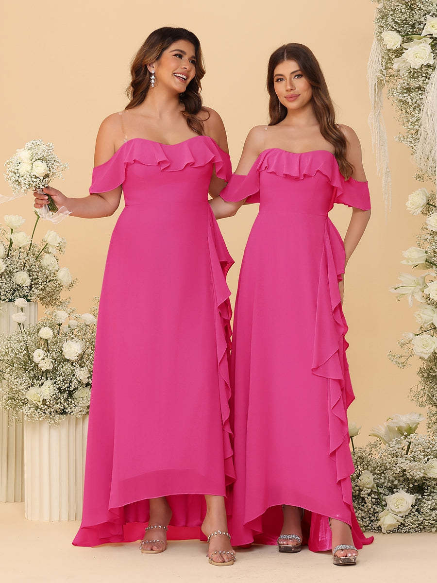 A-Line/Princess Off-the-Shoulder Spaghetti Straps Sleeveless Bridesmaid Dresses with Ruffles