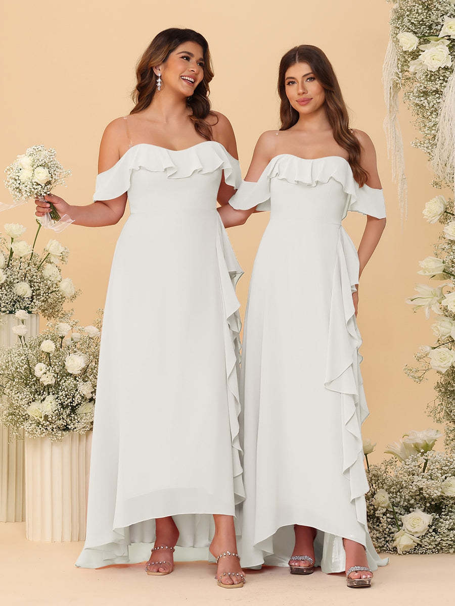 A-Line/Princess Off-the-Shoulder Spaghetti Straps Sleeveless Bridesmaid Dresses with Ruffles