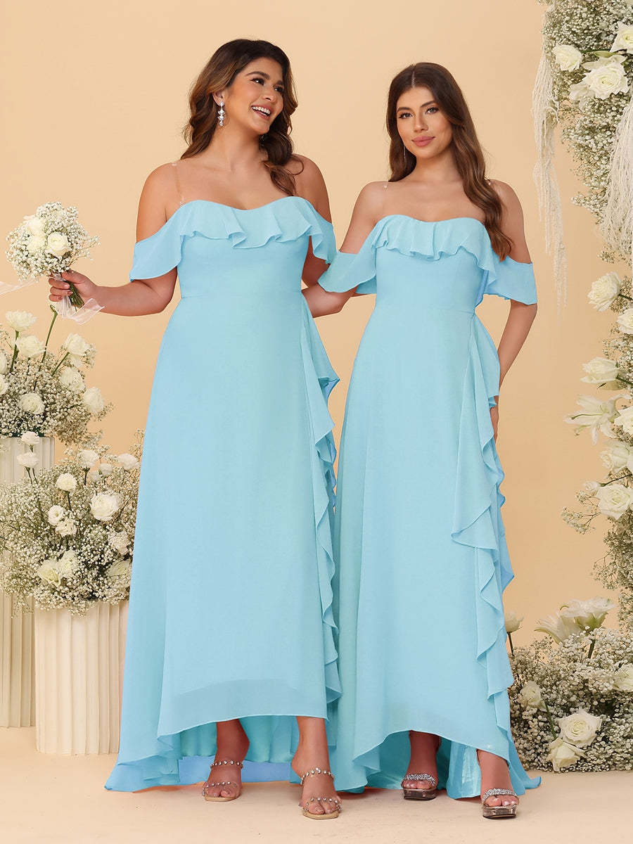 A-Line/Princess Off-the-Shoulder Spaghetti Straps Sleeveless Bridesmaid Dresses with Ruffles