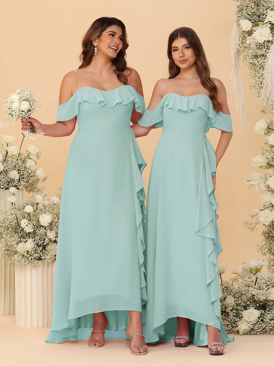 A-Line/Princess Off-the-Shoulder Spaghetti Straps Sleeveless Bridesmaid Dresses with Ruffles