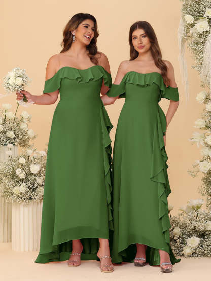 A-Line/Princess Off-the-Shoulder Spaghetti Straps Sleeveless Bridesmaid Dresses with Ruffles