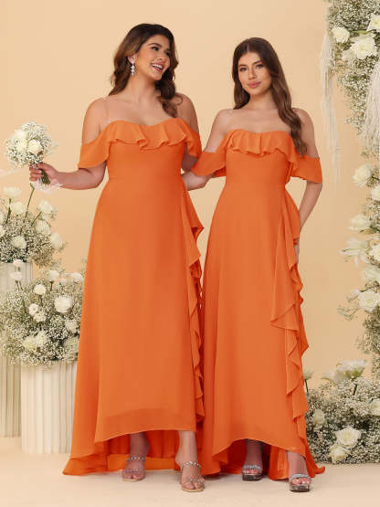 A-Line/Princess Off-the-Shoulder Spaghetti Straps Sleeveless Bridesmaid Dresses with Ruffles