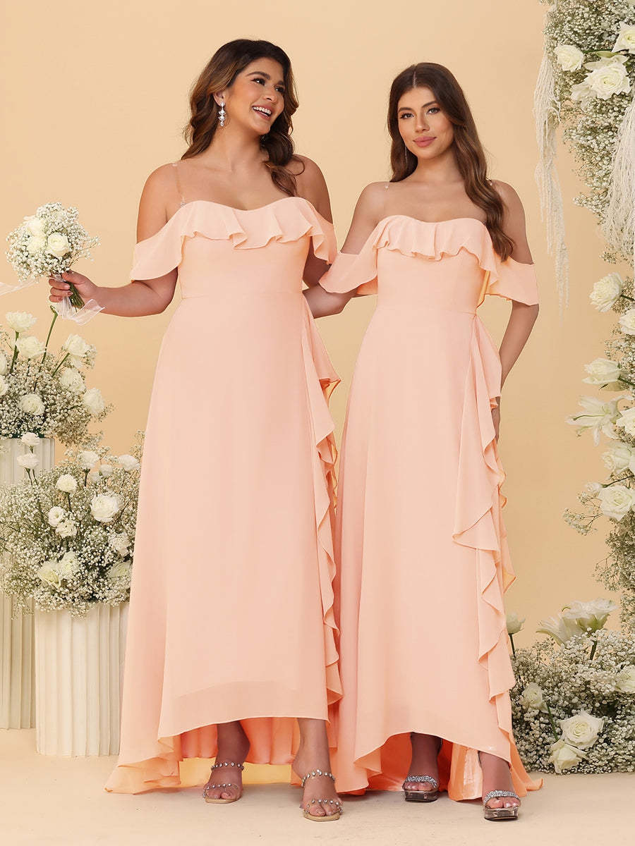 A-Line/Princess Off-the-Shoulder Spaghetti Straps Sleeveless Bridesmaid Dresses with Ruffles