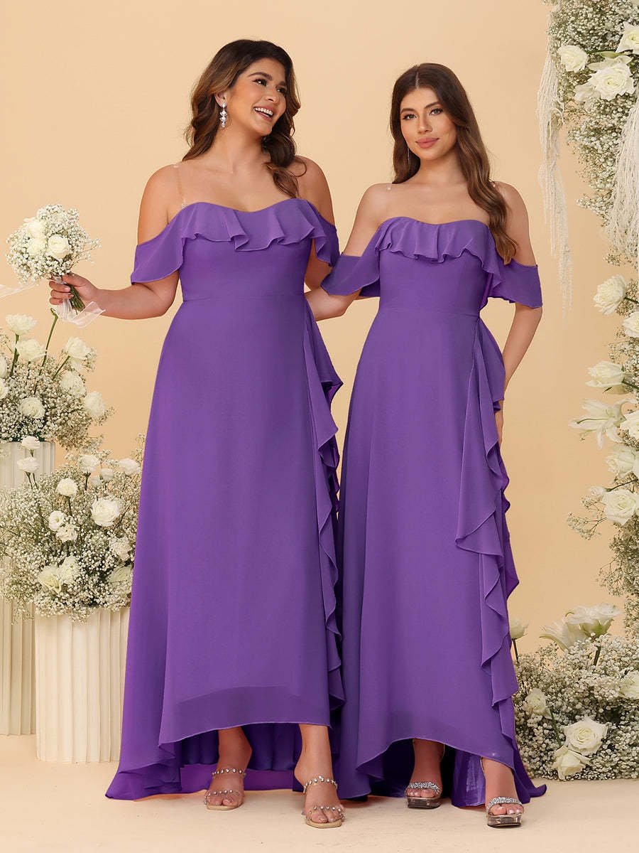 A-Line/Princess Off-the-Shoulder Spaghetti Straps Sleeveless Bridesmaid Dresses with Ruffles