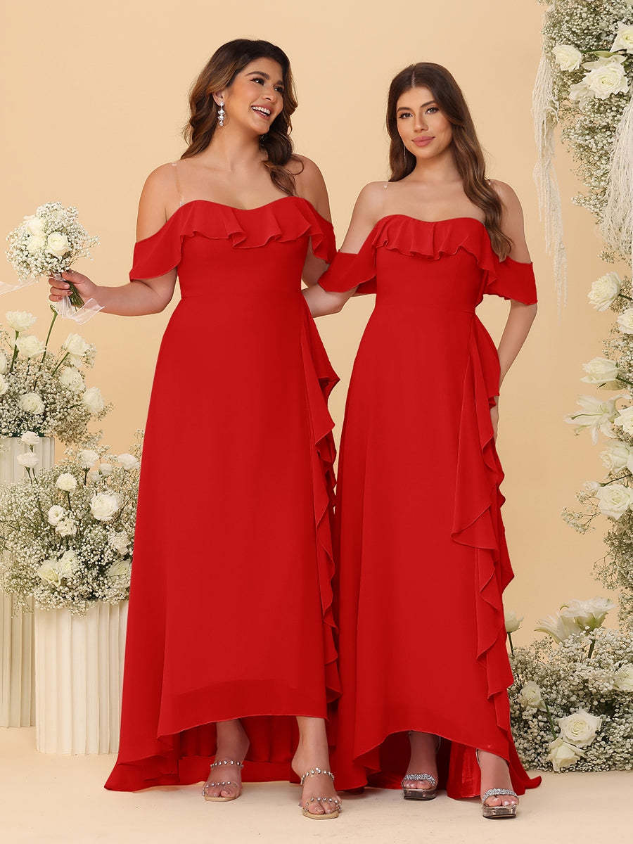 A-Line/Princess Off-the-Shoulder Spaghetti Straps Sleeveless Bridesmaid Dresses with Ruffles