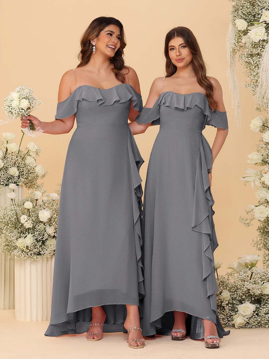 A-Line/Princess Off-the-Shoulder Spaghetti Straps Sleeveless Bridesmaid Dresses with Ruffles