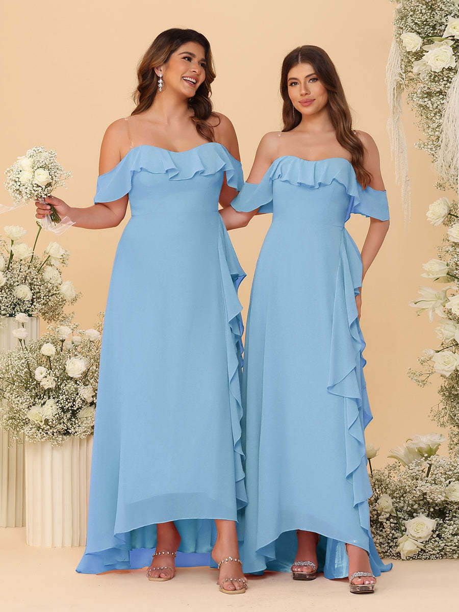 A-Line/Princess Off-the-Shoulder Spaghetti Straps Sleeveless Bridesmaid Dresses with Ruffles