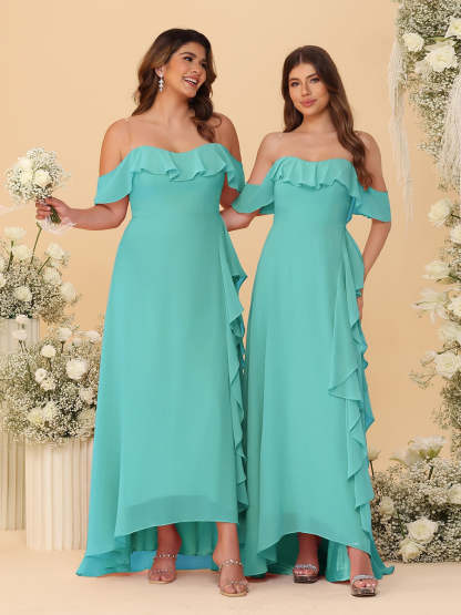 A-Line/Princess Off-the-Shoulder Spaghetti Straps Sleeveless Bridesmaid Dresses with Ruffles