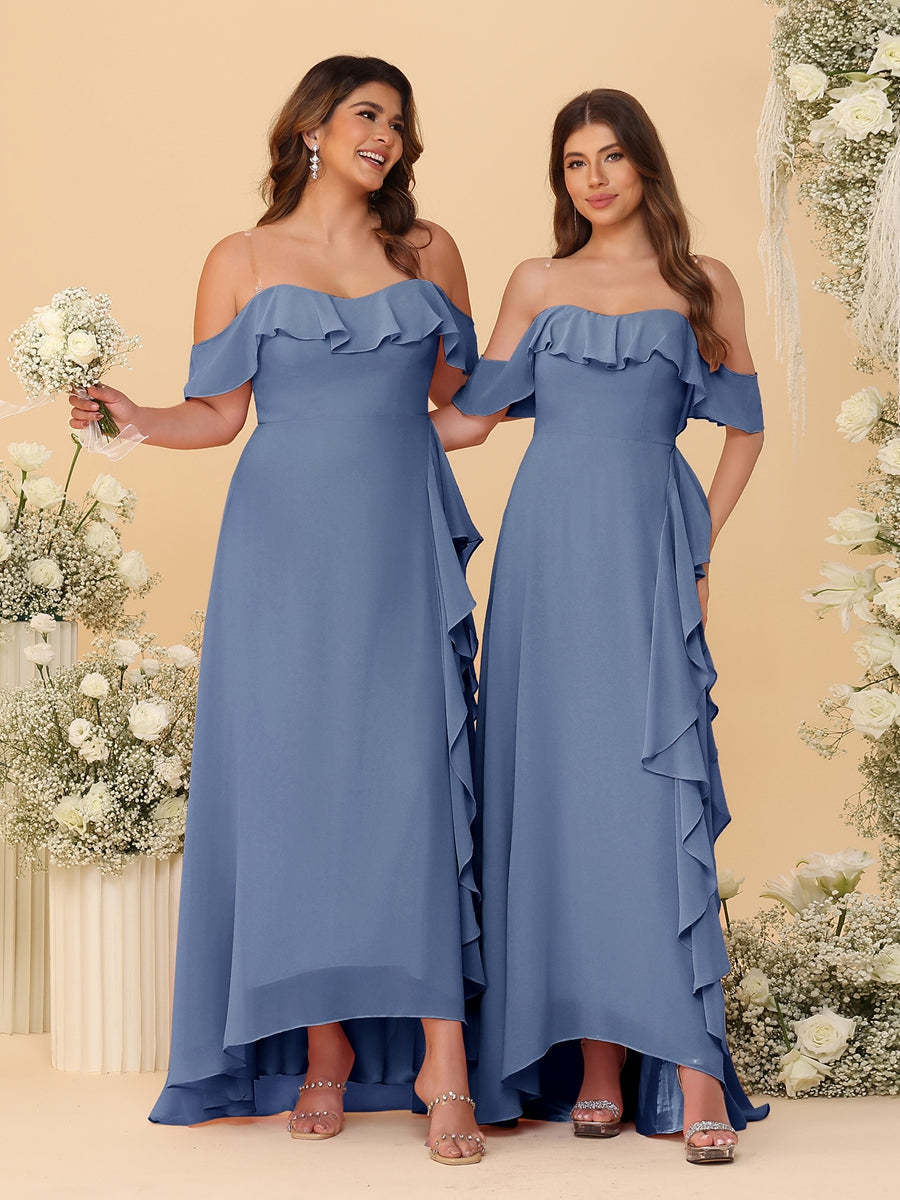 A-Line/Princess Off-the-Shoulder Spaghetti Straps Sleeveless Bridesmaid Dresses with Ruffles