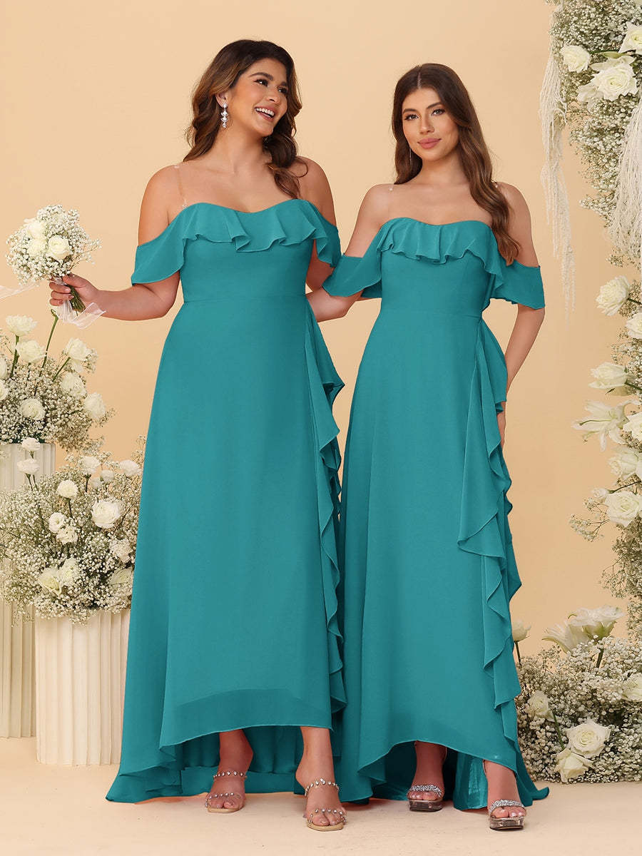A-Line/Princess Off-the-Shoulder Spaghetti Straps Sleeveless Bridesmaid Dresses with Ruffles