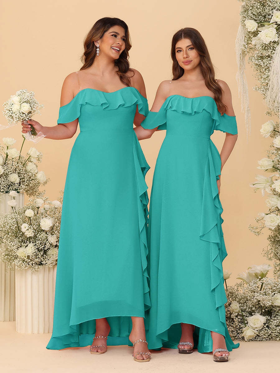 A-Line/Princess Off-the-Shoulder Spaghetti Straps Sleeveless Bridesmaid Dresses with Ruffles