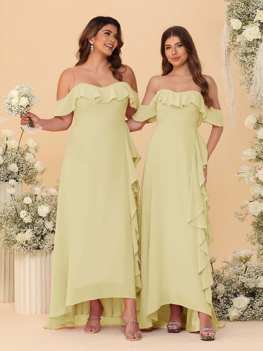 A-Line/Princess Off-the-Shoulder Spaghetti Straps Sleeveless Bridesmaid Dresses with Ruffles