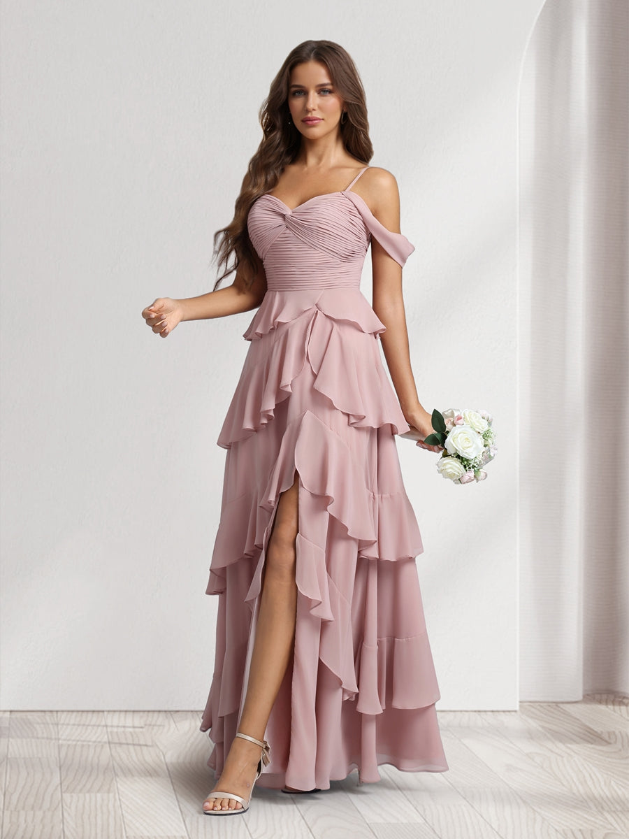 A-Line/Princess Off-the-Shoulder Spaghetti Straps Sleeveless Floor-Length Bridesmaid Dresses With Ruffles & Side Slit