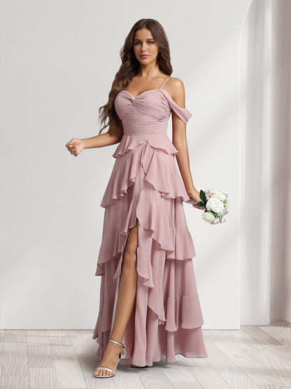 A-Line/Princess Off-the-Shoulder Spaghetti Straps Sleeveless Floor-Length Bridesmaid Dresses With Ruffles & Side Slit