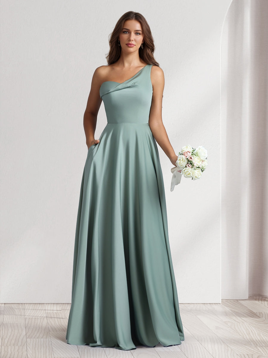 A-Line/Princess One-Shoulder Floor-Length Bridesmaid Dresses With Pockets