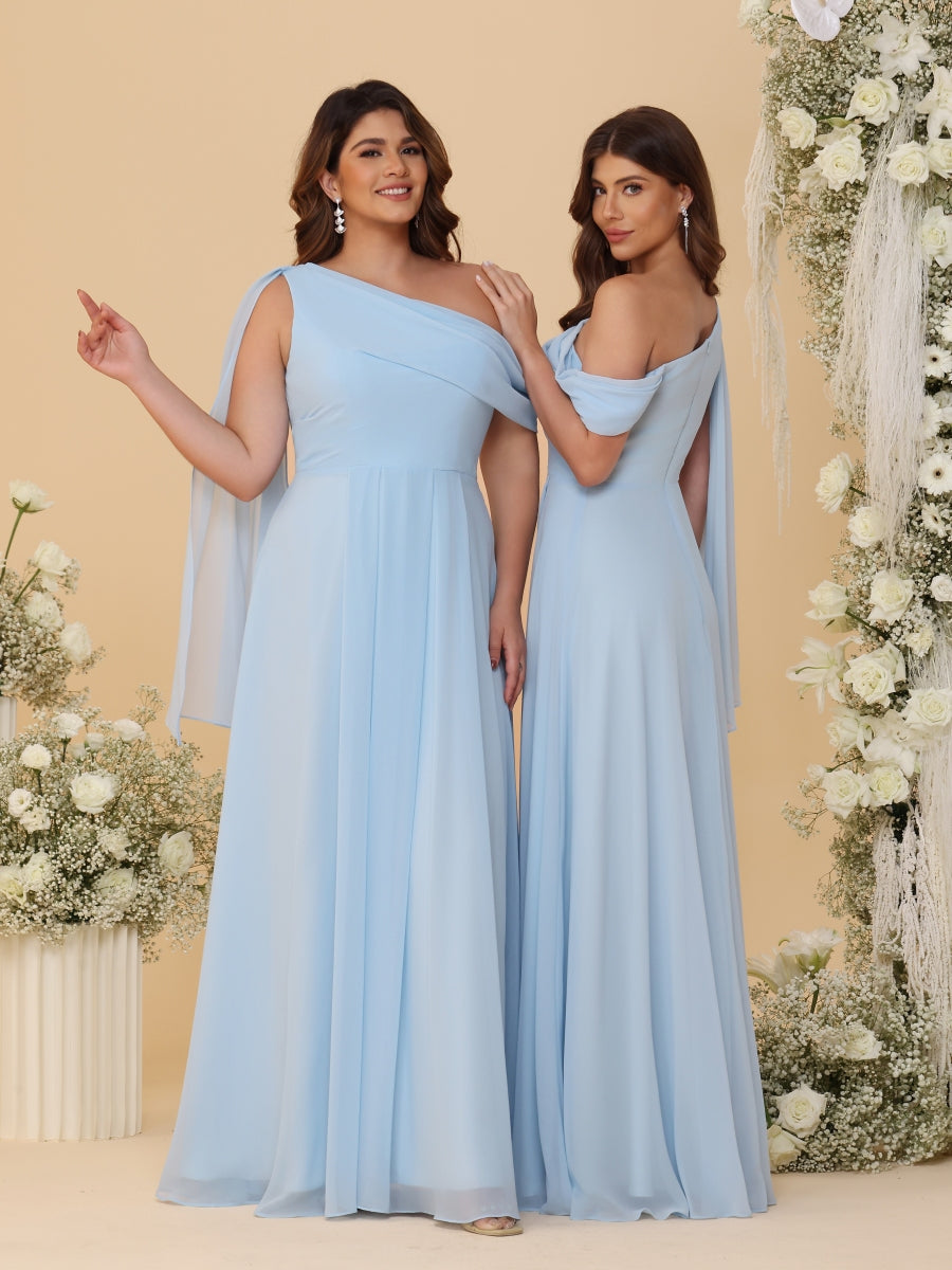A-Line/Princess One-Shoulder Floor-Length Plus Size Bridesmaid Dresses With Watteau Train