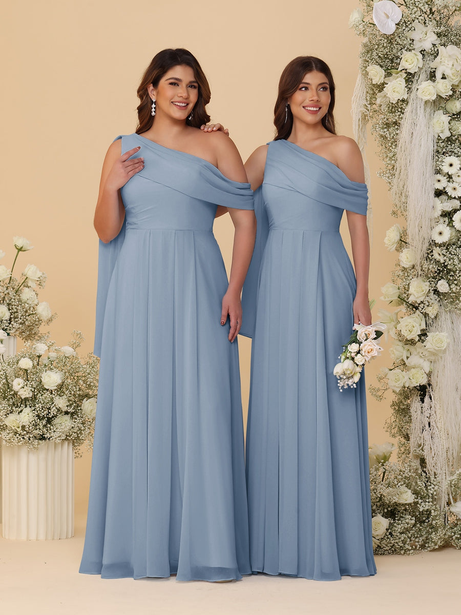A-Line/Princess One-Shoulder Floor-Length Plus Size Bridesmaid Dresses With Watteau Train