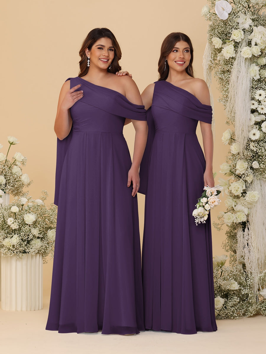 A-Line/Princess One-Shoulder Floor-Length Plus Size Bridesmaid Dresses With Watteau Train