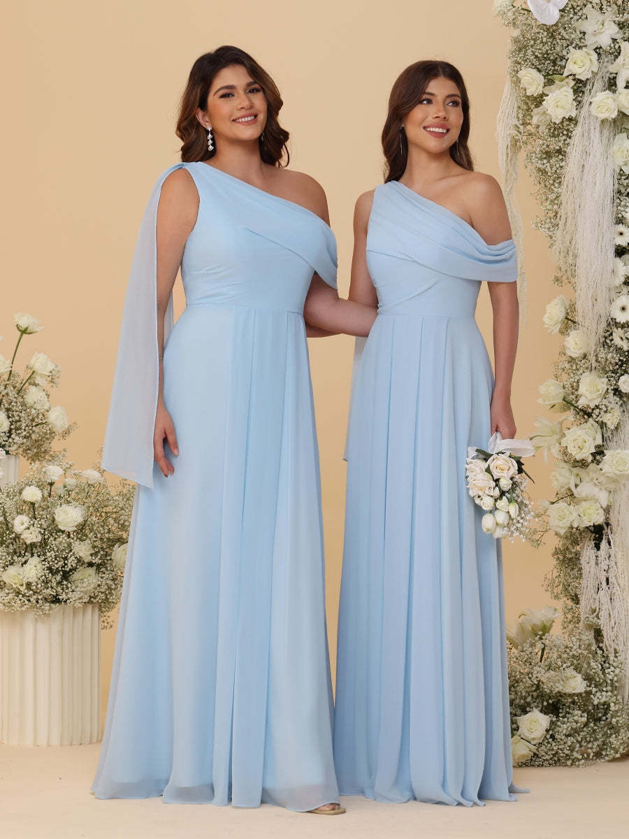 A-Line/Princess One-Shoulder Floor-Length Plus Size Bridesmaid Dresses With Watteau Train