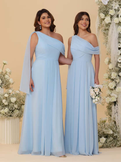 A-Line/Princess One-Shoulder Floor-Length Plus Size Bridesmaid Dresses With Watteau Train