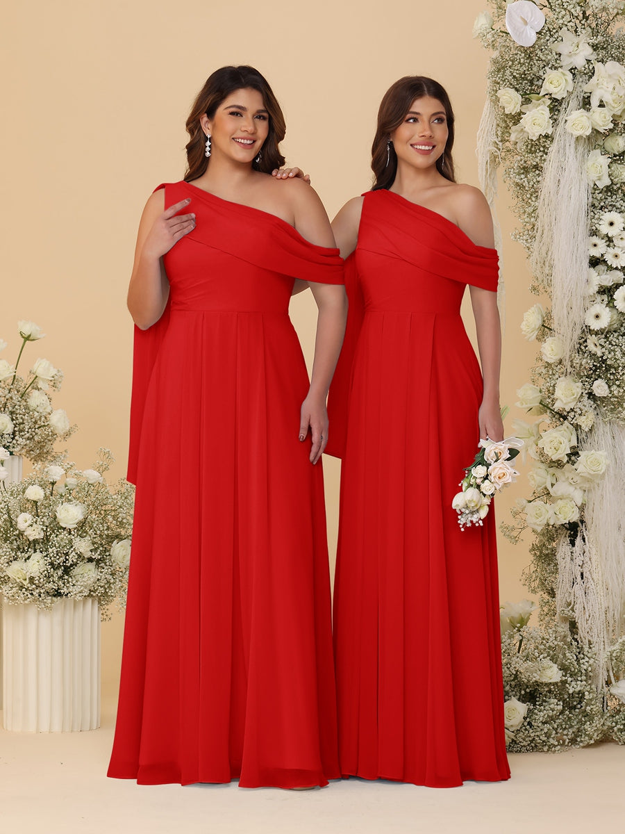 A-Line/Princess One-Shoulder Floor-Length Plus Size Bridesmaid Dresses With Watteau Train