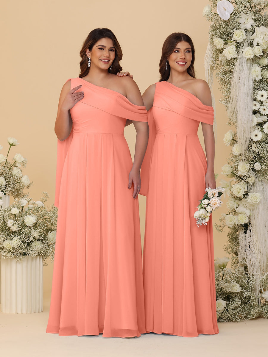 A-Line/Princess One-Shoulder Floor-Length Plus Size Bridesmaid Dresses With Watteau Train