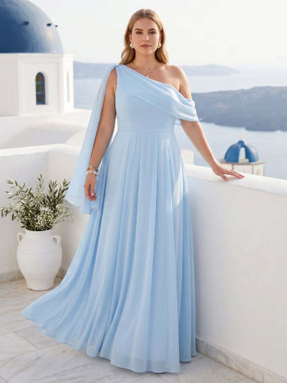 A-Line/Princess One-Shoulder Floor-Length Plus Size Bridesmaid Dresses With Watteau Train
