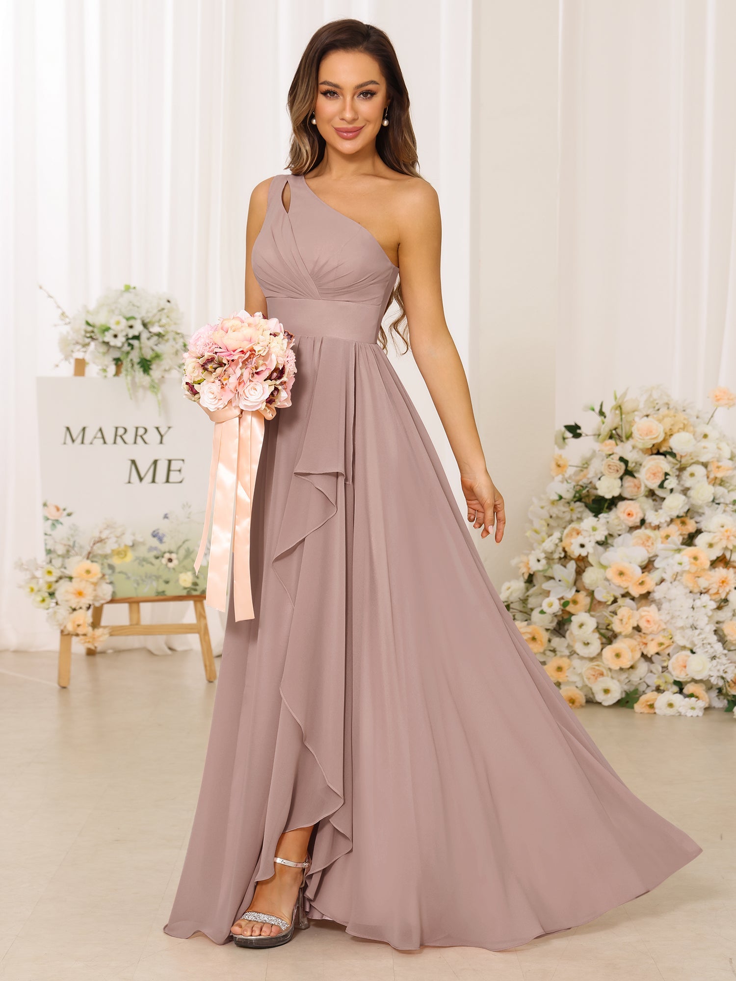 A-Line/Princess One-Shoulder Long Bridesmaid Dresses With Split Side